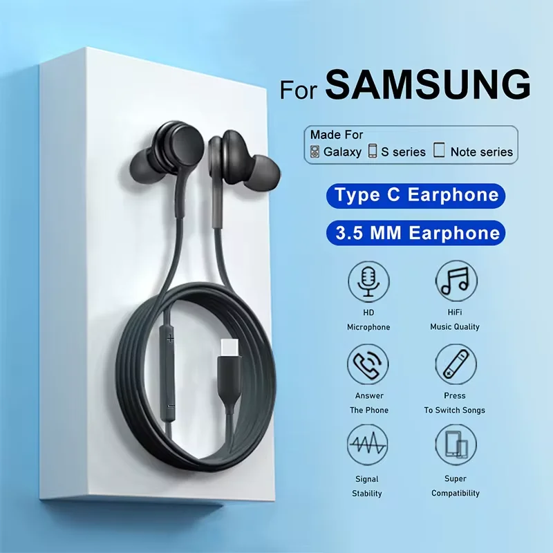 Original Type C Wired Headphone For In-ear Earbuds Samsung S25 S24 S23 S22 S21 S20 3.5mm Jack Note10 Xiaomi Huawei VIVO Earphone