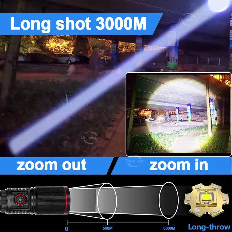 8000LM Military Tactical Flashlight Rechargeable LED Torch 3000M High Power LED Flashlight Powerful Lantern With Rat Tail Switch. 