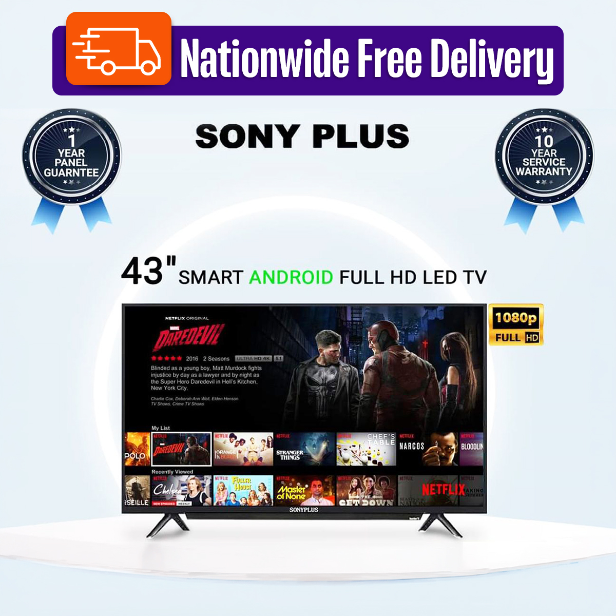 SONY PLUS 43 android version 11 Ram 2GB/16GB SMART HD TV with Free Delivery