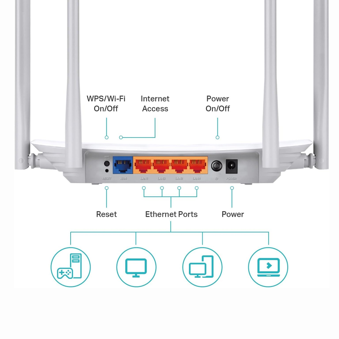 TP-Link Archer C50 AC1200 Wi-Fi Dual Band Router, 4 x 10/100 Mbps Fast Ethernet Ports, Supports MU-MIMO, Beamforming, Guest WiFi, Access Point Mode, IPv6 and Parental Controls. 