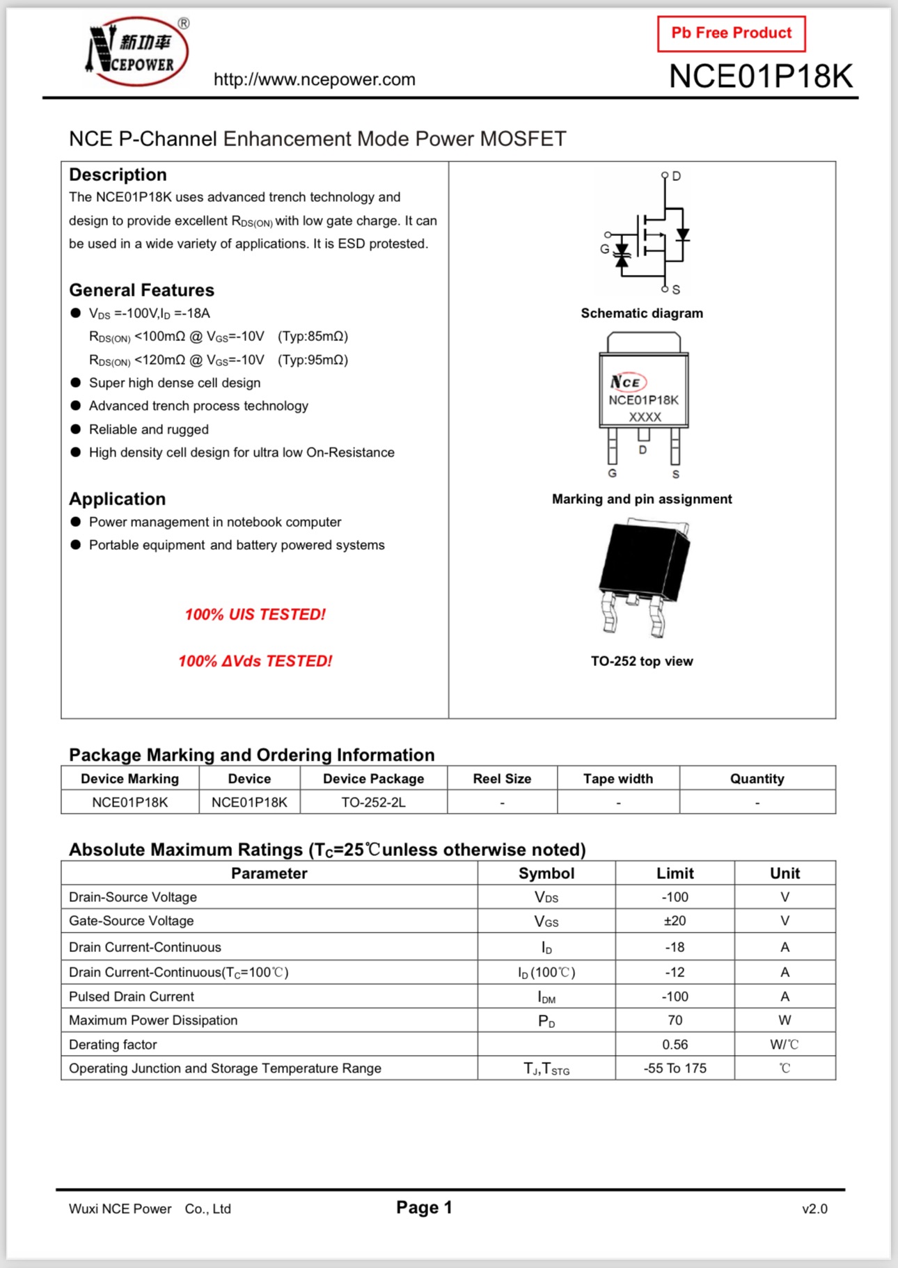 5PCS/LOT NCE01P18K -100V -18A TO-252 other need 01711773566 inform me. 