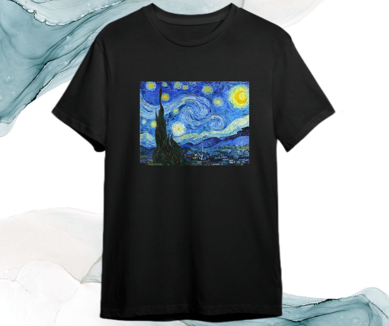 Starry Night Van Gogh T-shirt Black Colour. 