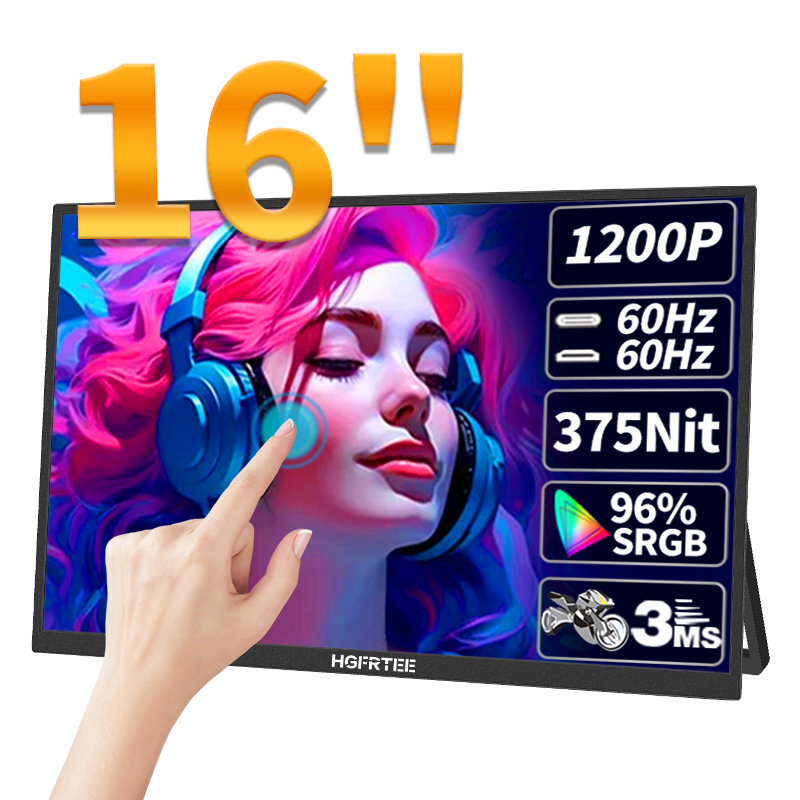 HGFRTEE 16inch Touch Portable Monitor 16:10 96%sRGB 350Cd/m² Second Screen For Laptop With Holder Stand Type-C HDMI-Compatible. 