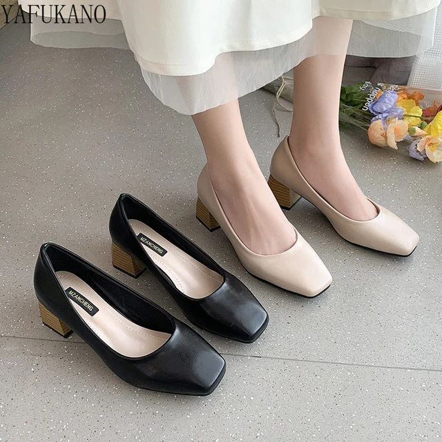 Shallow Mouth Square Toe Chunky Block Heel High Heels Retro Grandma Shoes Mid Heel Comfort Career Work Shoes Simple Lady Pumps. 