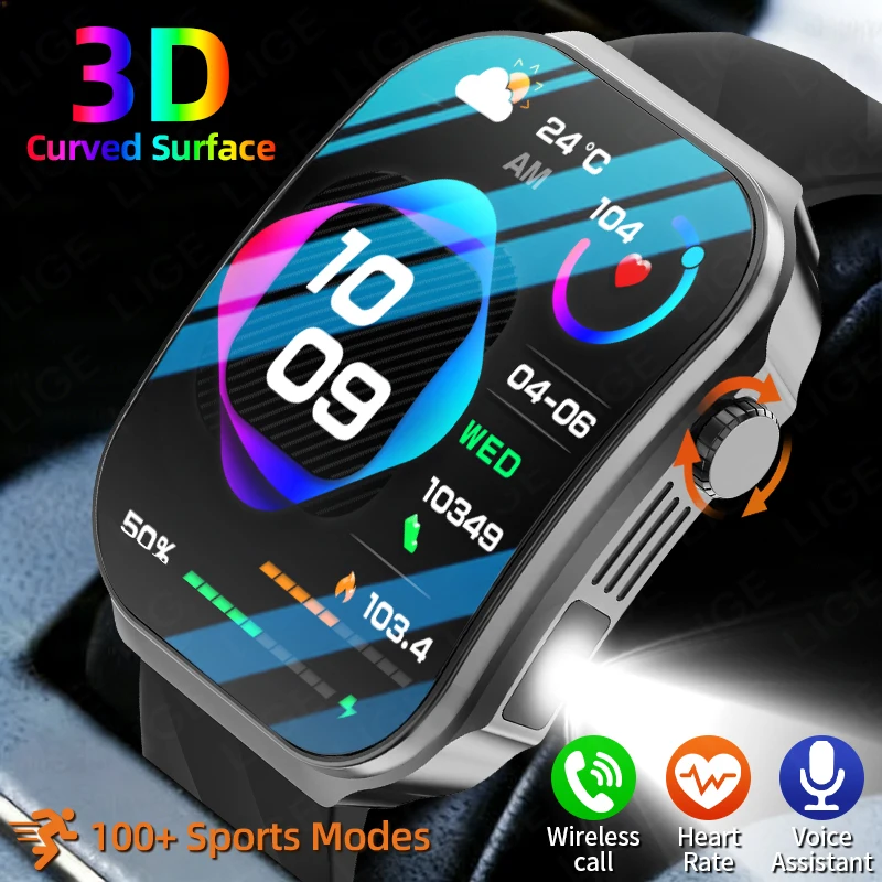 3D Curved Screen Smart Watch 2026 New 2.2" Large HD Display Bluetooth Call Waterproof Flashlight Outdoor Sport Smartwatch Men