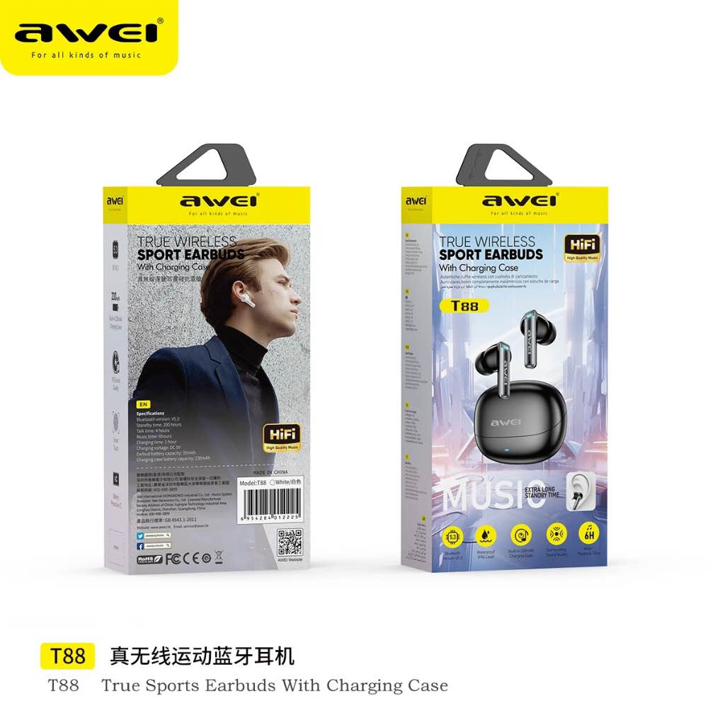 Awei T88 True Wireless Bluetooth Earphone 10mm Moving Coil Super Bass Spatial Sound Effects Earbuds 30 Hours Of Playback Time Ergonomic Design Gaming Headset. 