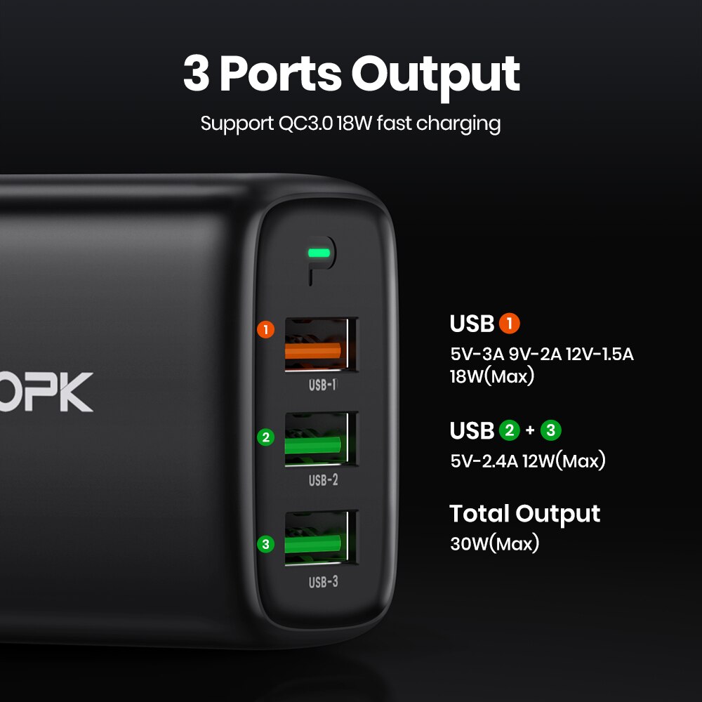 TOPK 30W 3-Port USB Charger Multiple with Intelligent QC 3.0 Technology for IPhone, IPad,Samsung Galaxy, Nexus, HTC,Motorola, LG. 