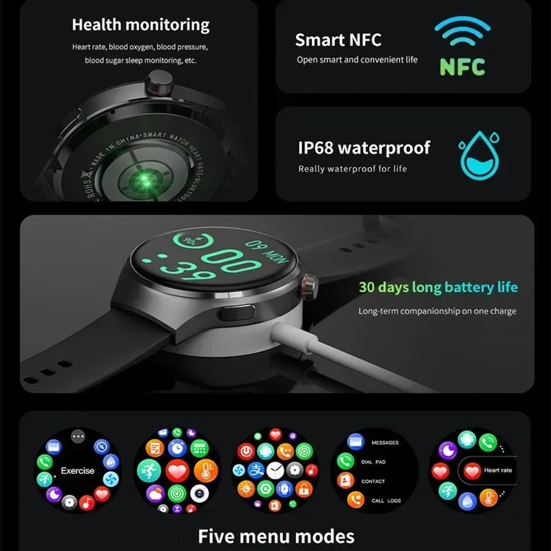 For Huawei Xiaomi NFC Smart Watches Men Watch 4 Pro AMOLED HD Screen Heart Rate Bluetooth Call IP68 Waterproof SmartWatch 2023. 