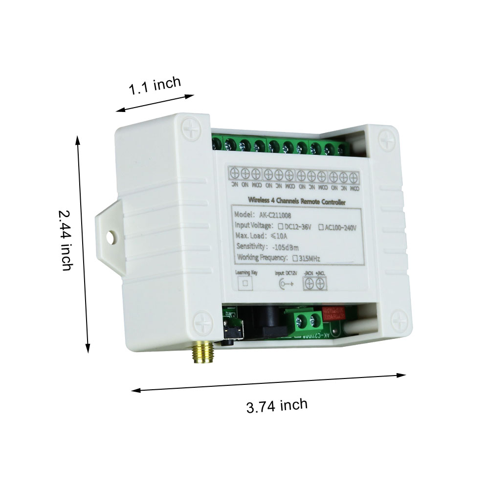 Smart Multiple AC 110V 220V 10A 433MHz 4 Channel Wireless Relay RF Remote Control Switch Receiver + 4CH Metal Transmitter. 