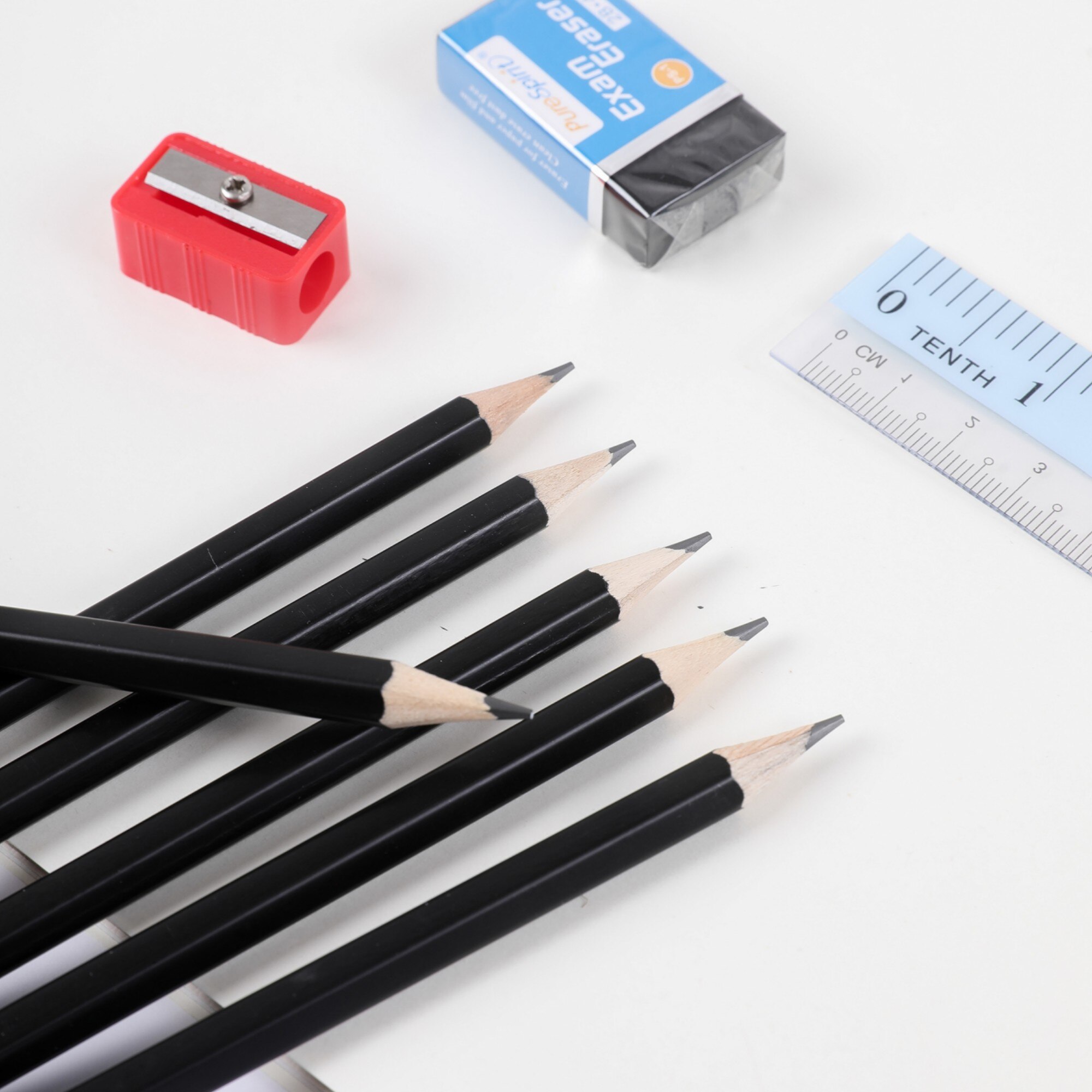 Exam Grade 2B Pencil Set 6pcs Graphite Pencils with Sharpener, Eraser & Ruler Stationery for Student School. 