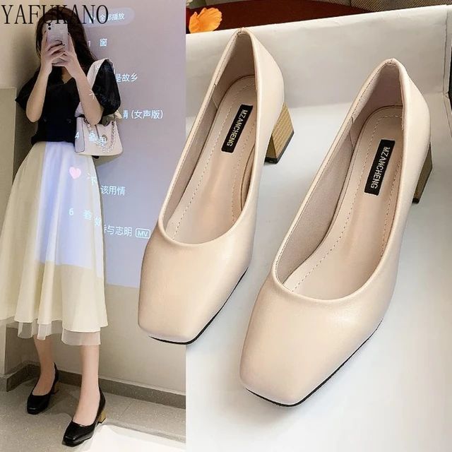 Shallow Mouth Square Toe Chunky Block Heel High Heels Retro Grandma Shoes Mid Heel Comfort Career Work Shoes Simple Lady Pumps. 