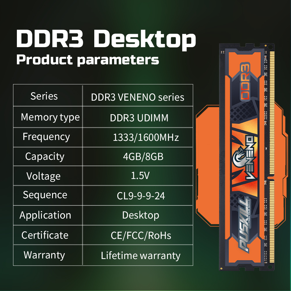 10 PCS PUSKILL Desktop Memoria Ram DDR3 8GB 4GB 2GB 1.5V 240 Pin PC3 1600MHz 1333MHz Udimm Memory Wholesale. 