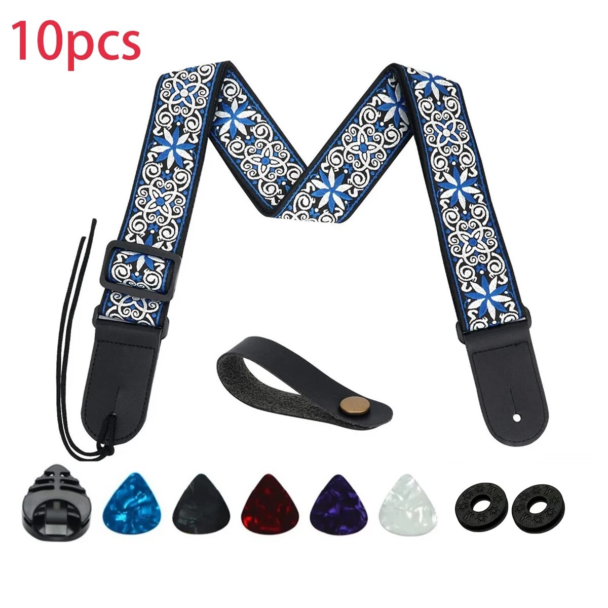 10Pcs Guitar Strap, Electric Guitars and Bass, Jacquard Weave Embroidered Adjustable Strap Includes 5 Picks and Pick Pocket. 