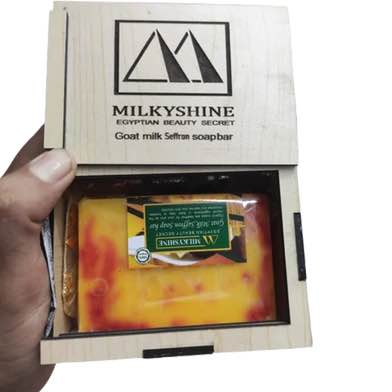 Milkyshine Beauty Secret Saffron Goat Milk Soap Bar wooden box -100gm. 