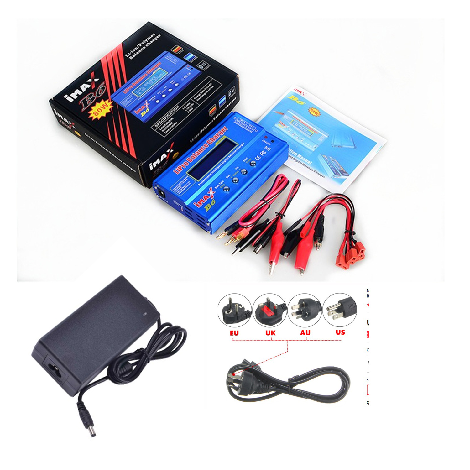 RCIMAX B6 Digtal LCD RC Battery Balance Charger Discharger with 15v 6A AC/DC Adaptor Deans Charge Cable for RC Lipo Li-Ion Ni-MH