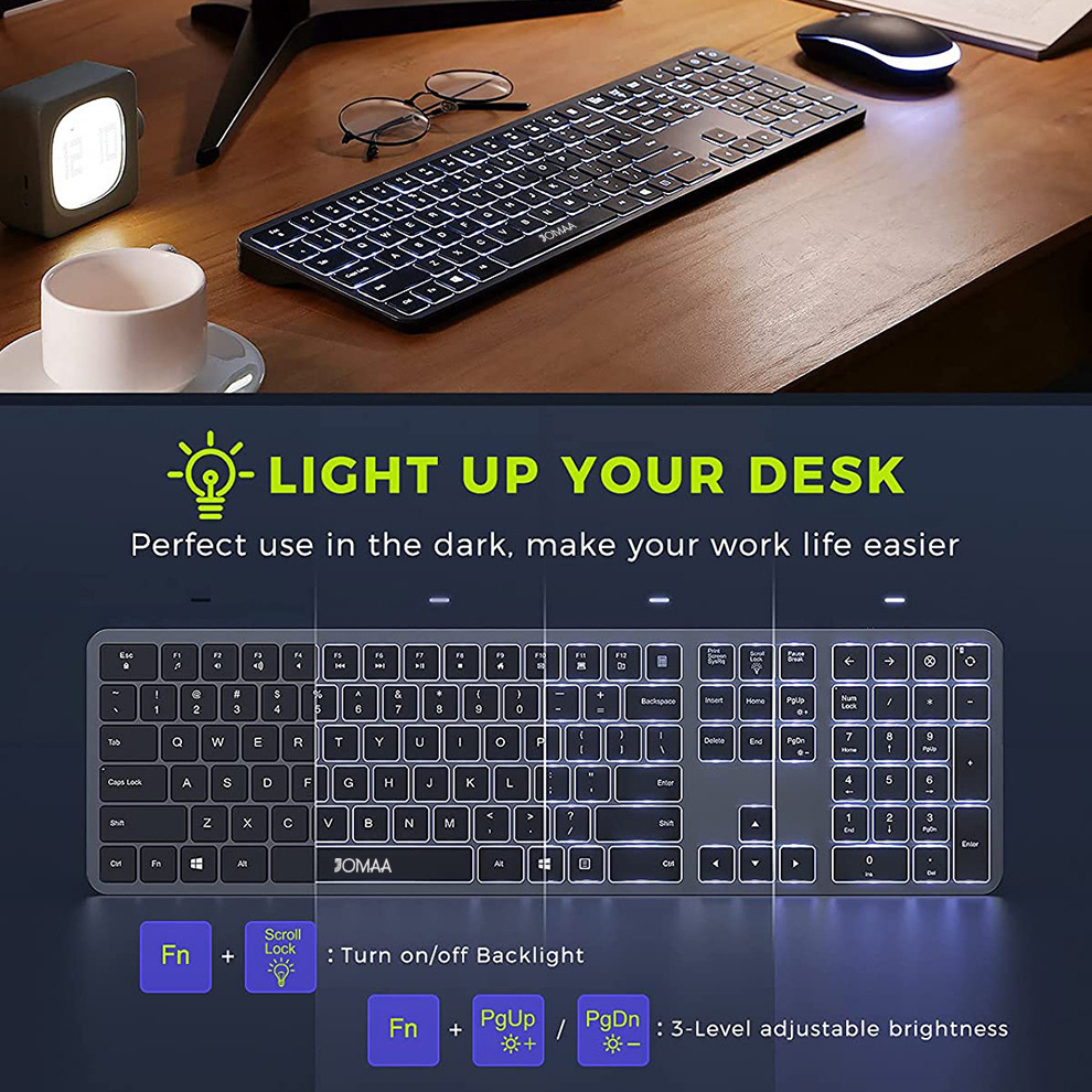 Jomaa Full-Size Backlight Wireless Keyboard and Mouse Combo for Laptop PC USB Silent Click Keyboard Mouse Set Rechargeable Spain. 