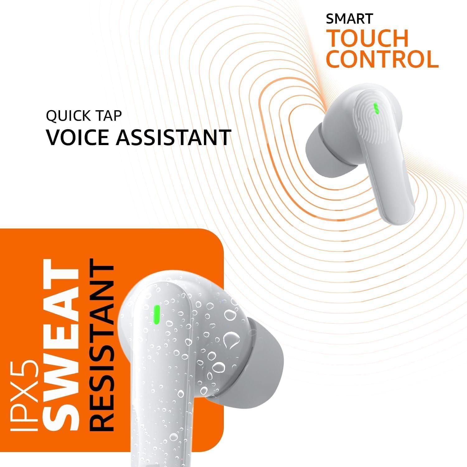 amazon basics True Wireless in-Ear Earbuds with Mic, Low-Latency Gaming Mode, Touch Control, IPX5 Water-Resistance, Bluetooth 5.3, Up to 60 Hours Play Time, Voice Assistance and Fast Charging (White). 