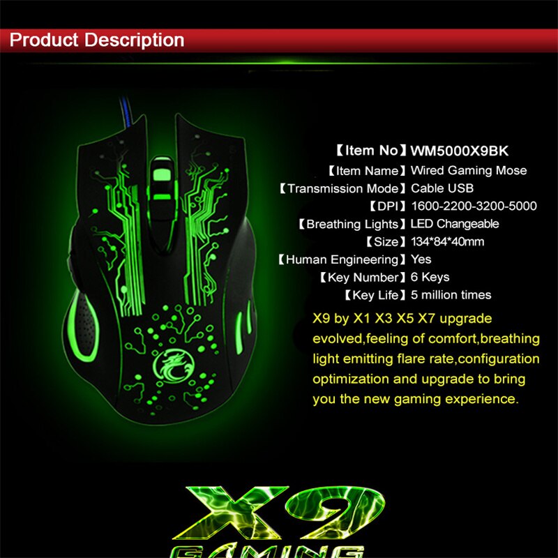 Game Mice X9 for Laptop Computer Mouse USB Gamer Mice 5000 DPI PC Mause IMice 6 Button Ergonomic Magic Gaming Mouse Wired. 