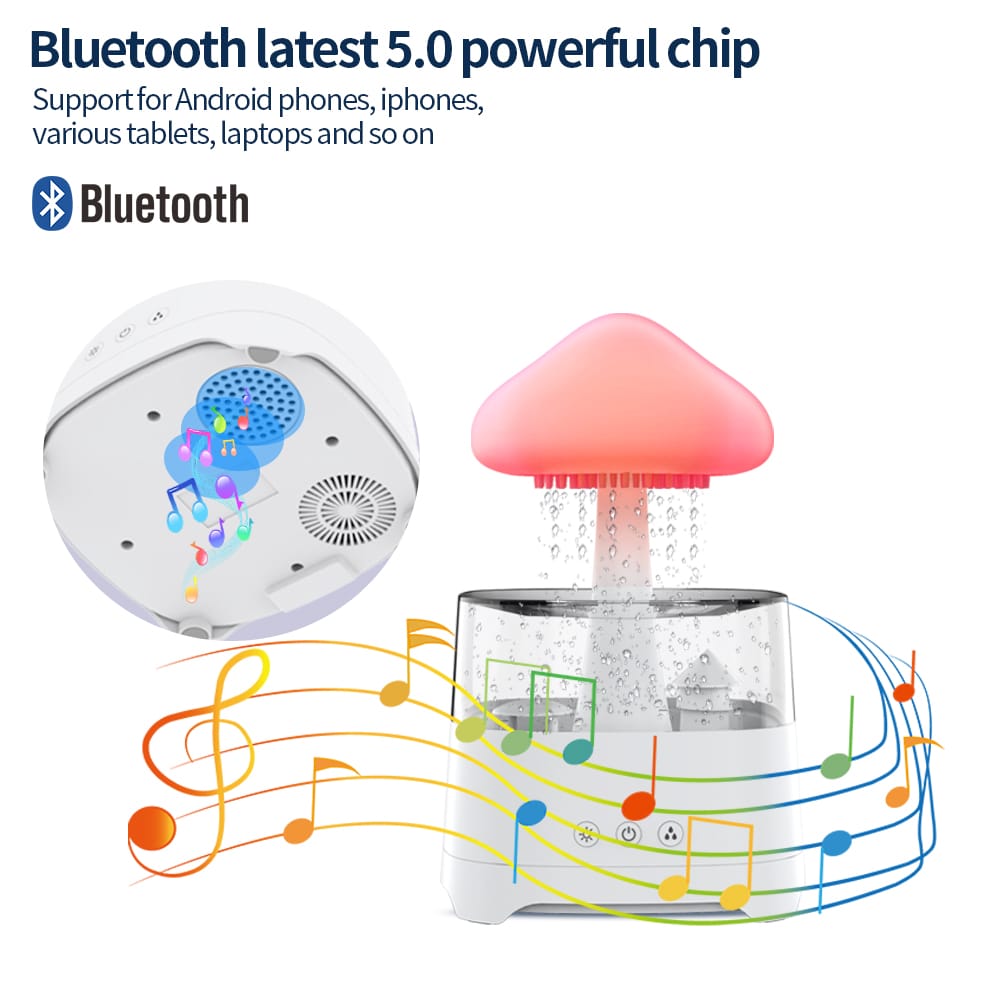 5 IN 1 Bluetooth Speaker Rain Cloud Humidifier, switchable 7 colors, 450ml capacity super quiet, intelligent anti-dry function. 