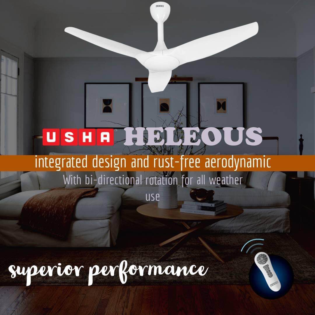 USHA Heleous 1220mm Premium BLDC Ceiling Fan with Rust Free ABS Blades and RF Remote (White). 