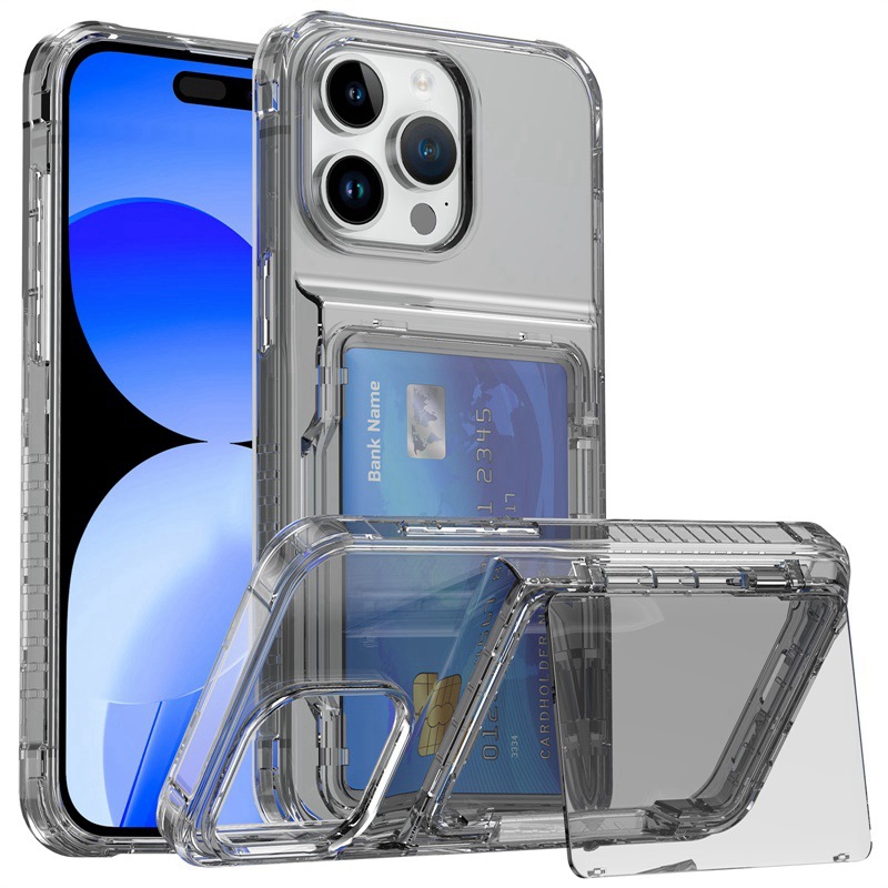 Transparent Card Holder Case for iPhone 15 14 13 12 11 Pro Max 15 Plus 15 Pro Max Shockproof Clear Case Cover with Phone Stand. 