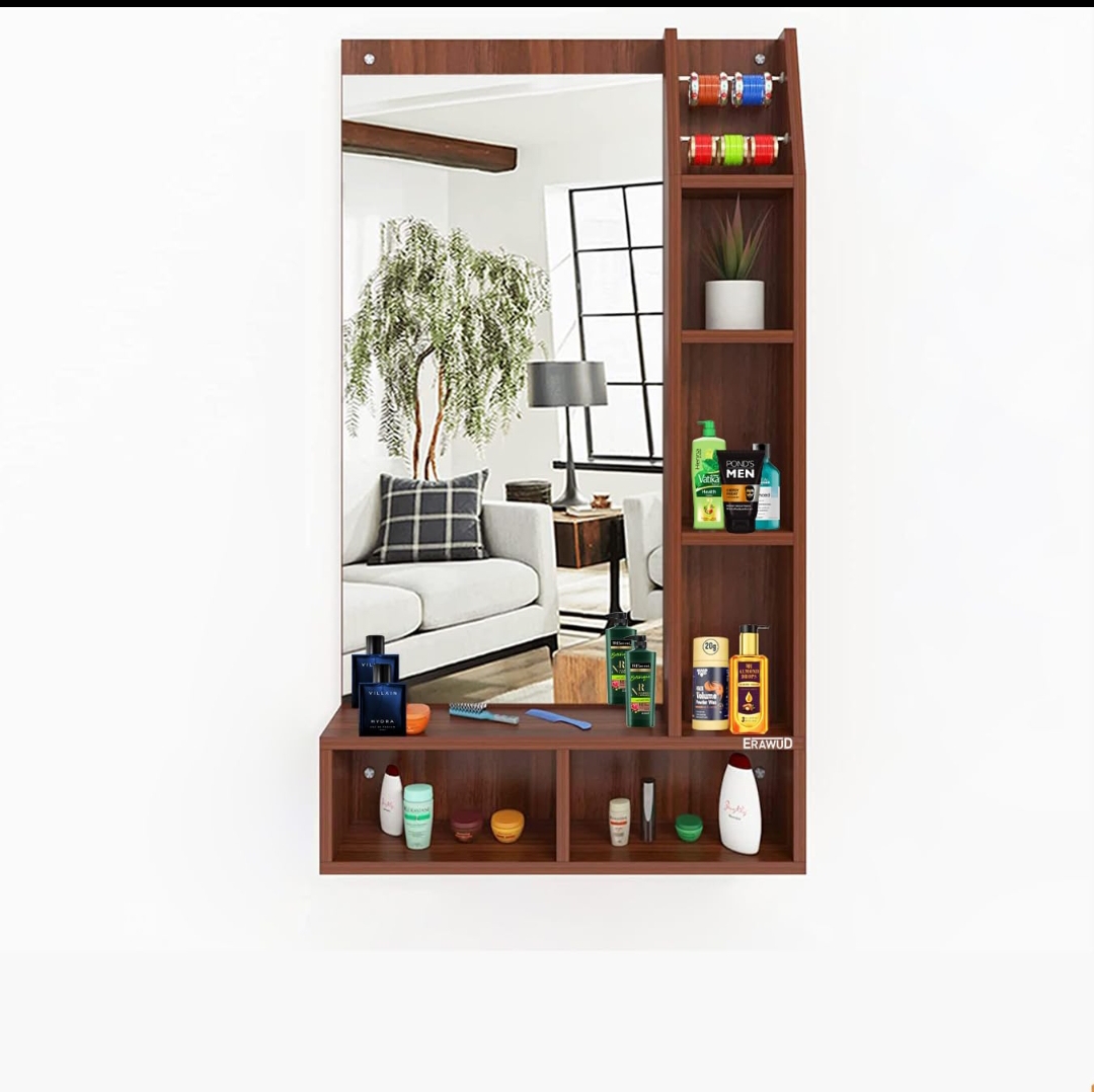 Wall Mount Dressing Table with Mirror and Open Shelves. 