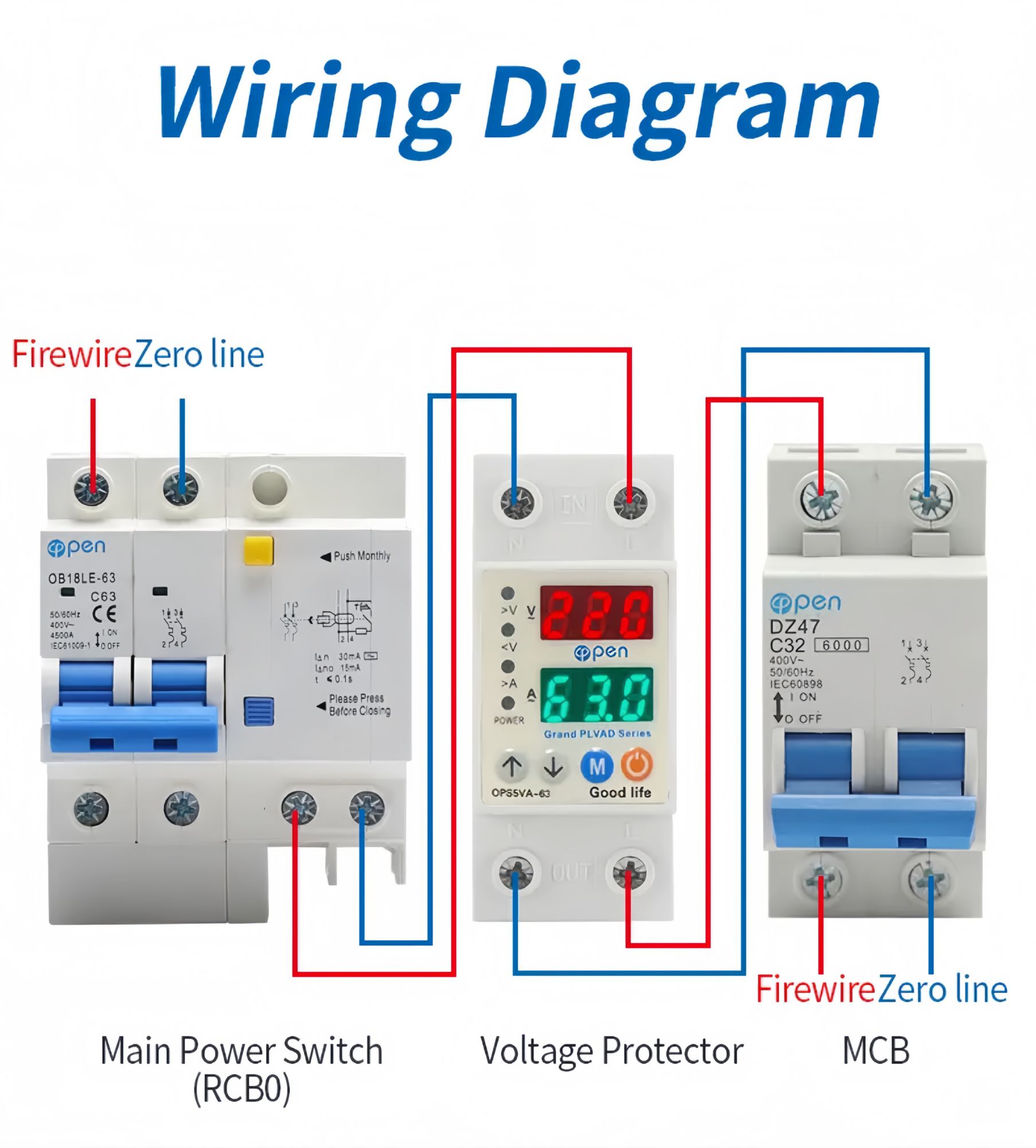 Adjustable over under voltage current protector 63A - genuine open brand digital circuit breaker. 