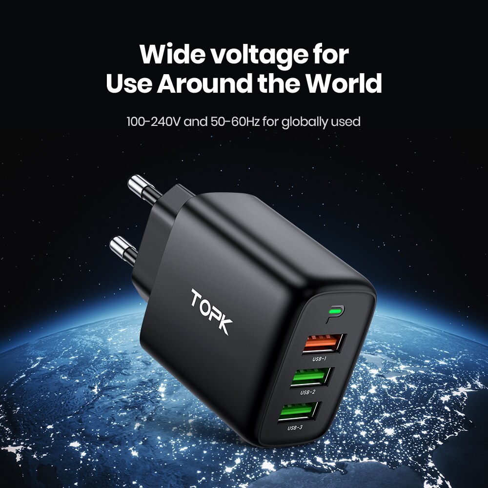TOPK 30W 3-Port USB Charger Multiple with Intelligent QC 3.0 Technology for IPhone, IPad,Samsung Galaxy, Nexus, HTC,Motorola, LG. 