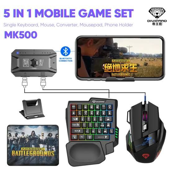 5 in 1 Mobile Game Set MK500 - Single Keyboard, Mouse, Converter, Mousepad, Phone Holder. 
