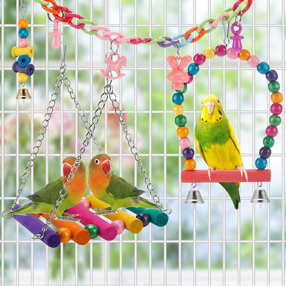 11Pcs Bird Cage Toys for Parrots Wood Birds Swing Reliable Chewable Bite Bridge Wooden Beads Shape Parrot Toy Bird Toys. 