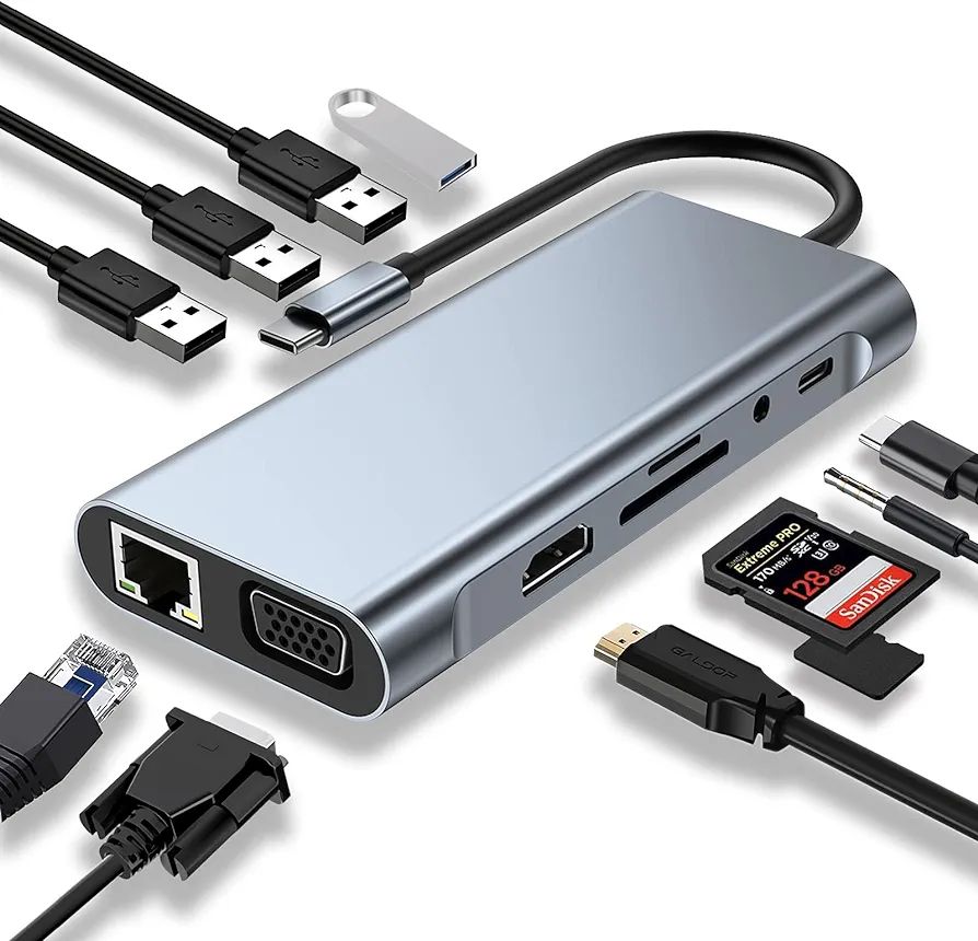 USB C HUB, USB C Adapter 11 in 1 Dongle with 4K HDMI, VGA, Type C PD, USB3.0, RJ45 Ethernet, SD/TF Card Reader, 3.5mm AUX, Docking Station Compatible