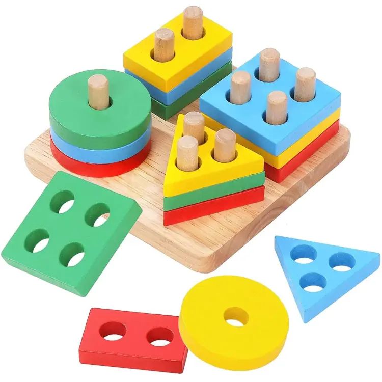 Wooden block puzzle with Triangle circle square shaped block for kids brain development toys game. 