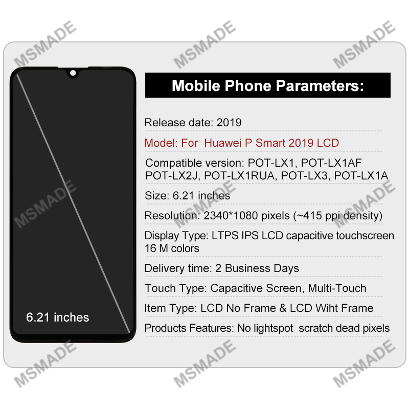 6.21" For Huawei P Smart 2019 LCD Display Touch Screen Digitizer Assembly For P Smart 2019 LCD POT-LX1 Replacement Part. 