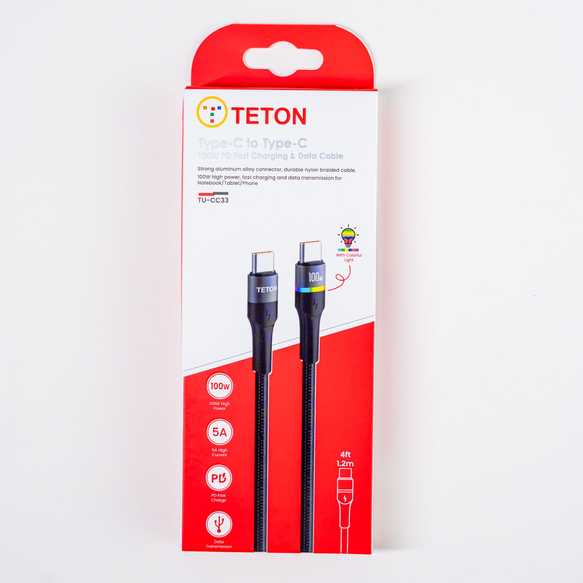 Teton Type C to Type C Cable 100W 5A High current PD fast Charging for Iphone 16/15/ Samsung /Android. 