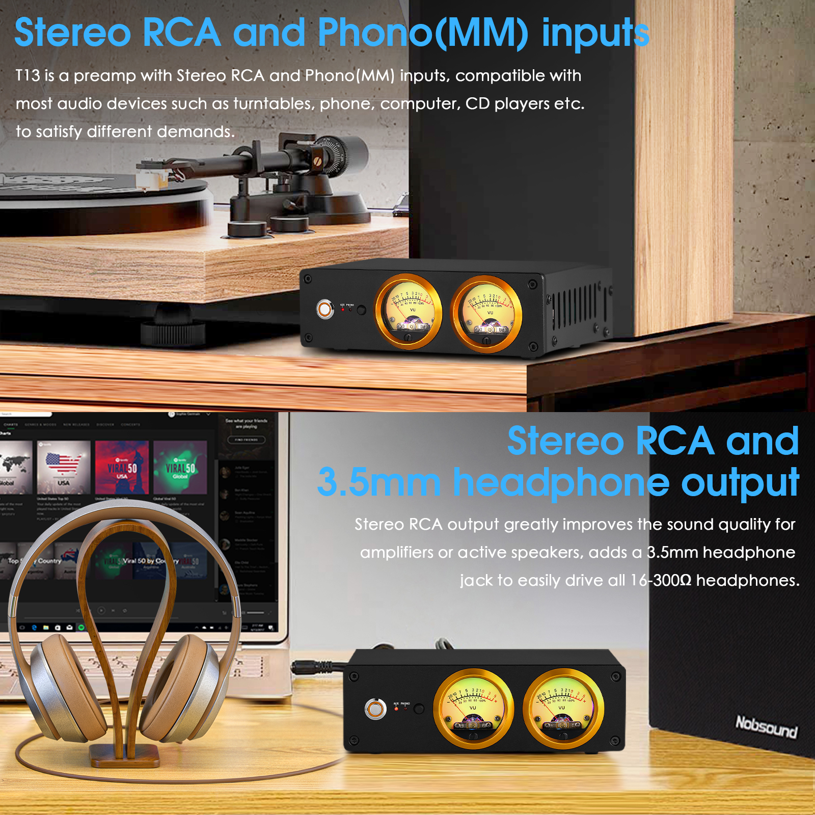 Douk Audio T13 Mini Phono Preamp for Home MM Turntables Desktop Headphone Amplifier Record Players Preamp with Dual VU Meter. 