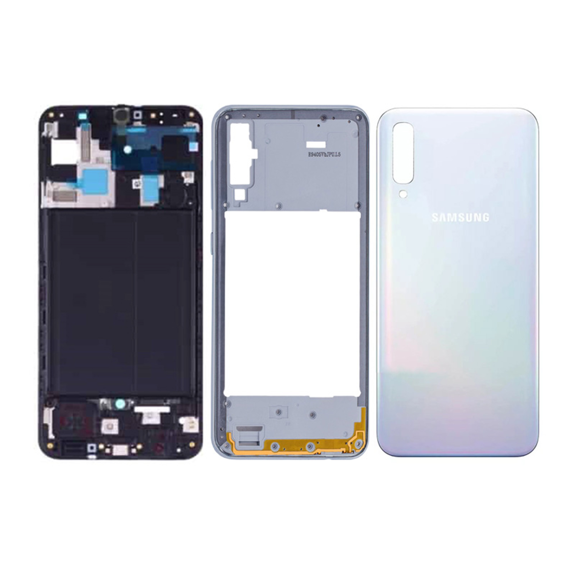 Full Body Housing Set for Samsung Galaxy A50 Includes Front LCD Frame, Middle Bezel, and Back Panel. 