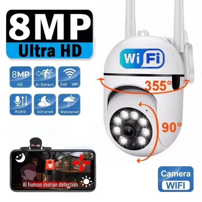 8MP Wifi IP Outdoor Wireless Security Surveillance PTZ Camera 4X Zoom Cameras AI Human Tracking Two-way Audio HD Night Color Cam