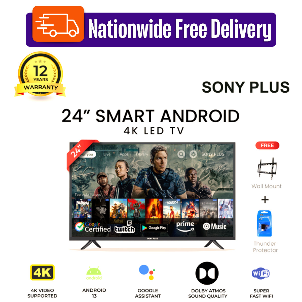 Sony Plus 24 inch Smart Android HD Ready 4K Supported LED TV with Free Delivery