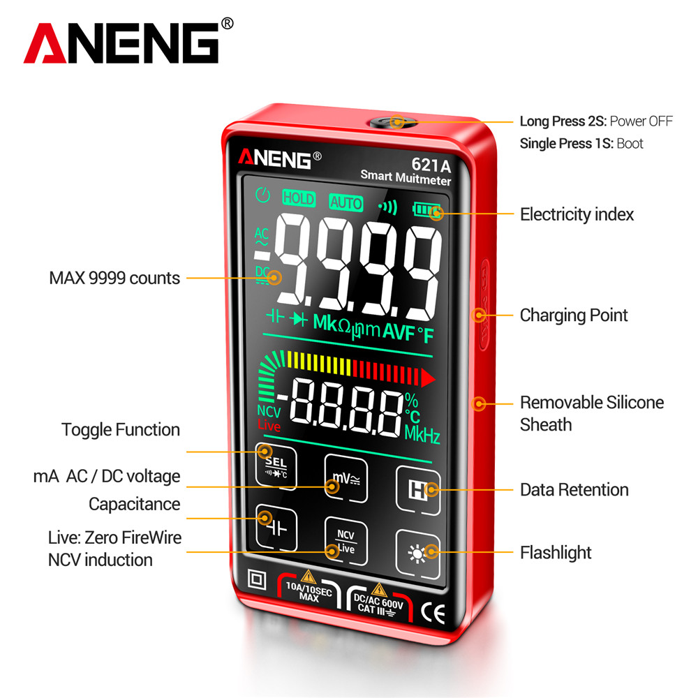 ANENG 621A Smart Digital Multimeter Touch Screen Multimetro Tester Transistor 9999 Counts True RMS Auto Range DC/AC 10A Meter. 