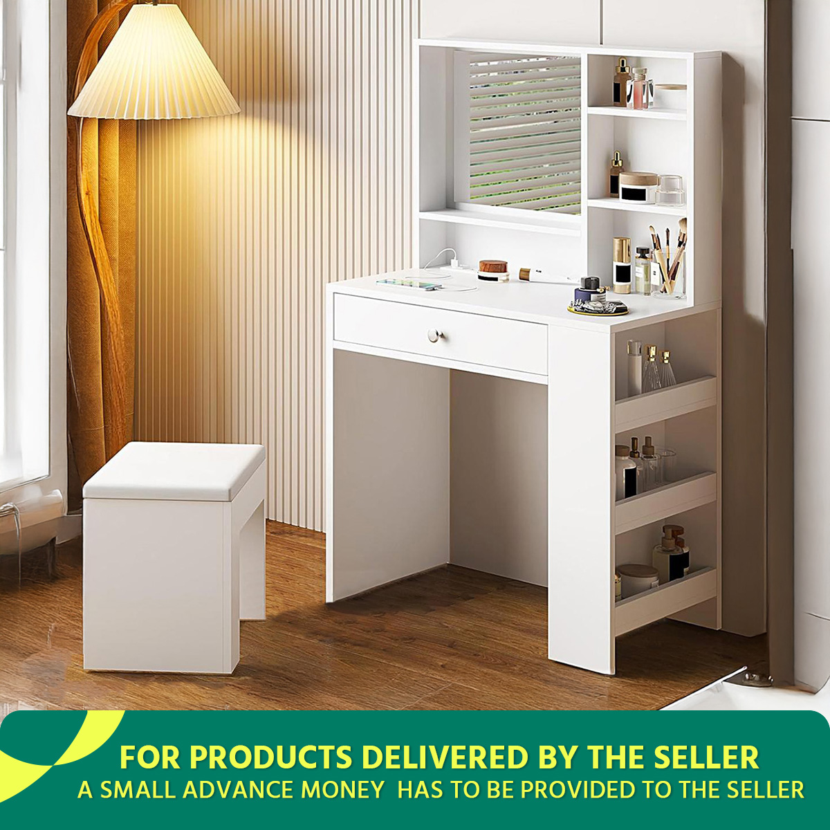 Vanity Table Set with Power Outlet, Makeup Vanity Desk with Stool & Mirror,23.6 inch Small White Vanity Table with Drawer and Shelves for Girls 50/36''