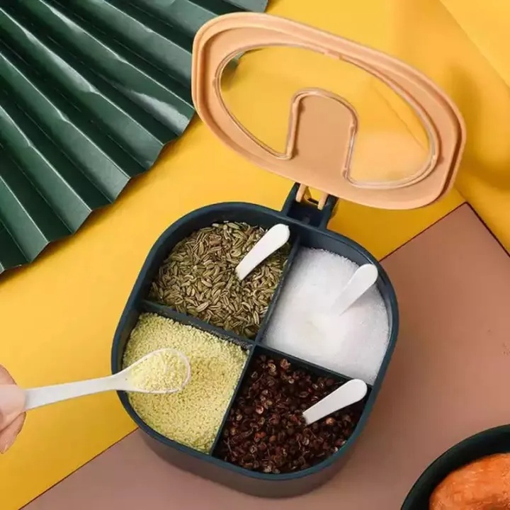4-Section Spice Storage Box with Lids & Serving Spoons | Kitchen Organizer Containers