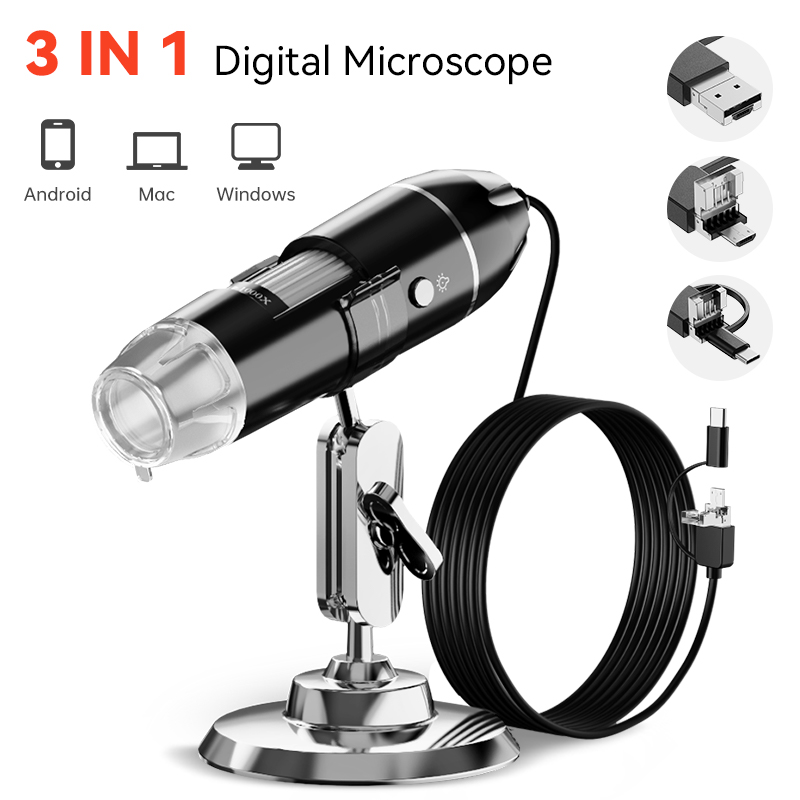 1600X 3in 1 Digital Microscope Camera with Stand Portable Electronic Microscope For Soldering LED Magnifier Type-C USB Android