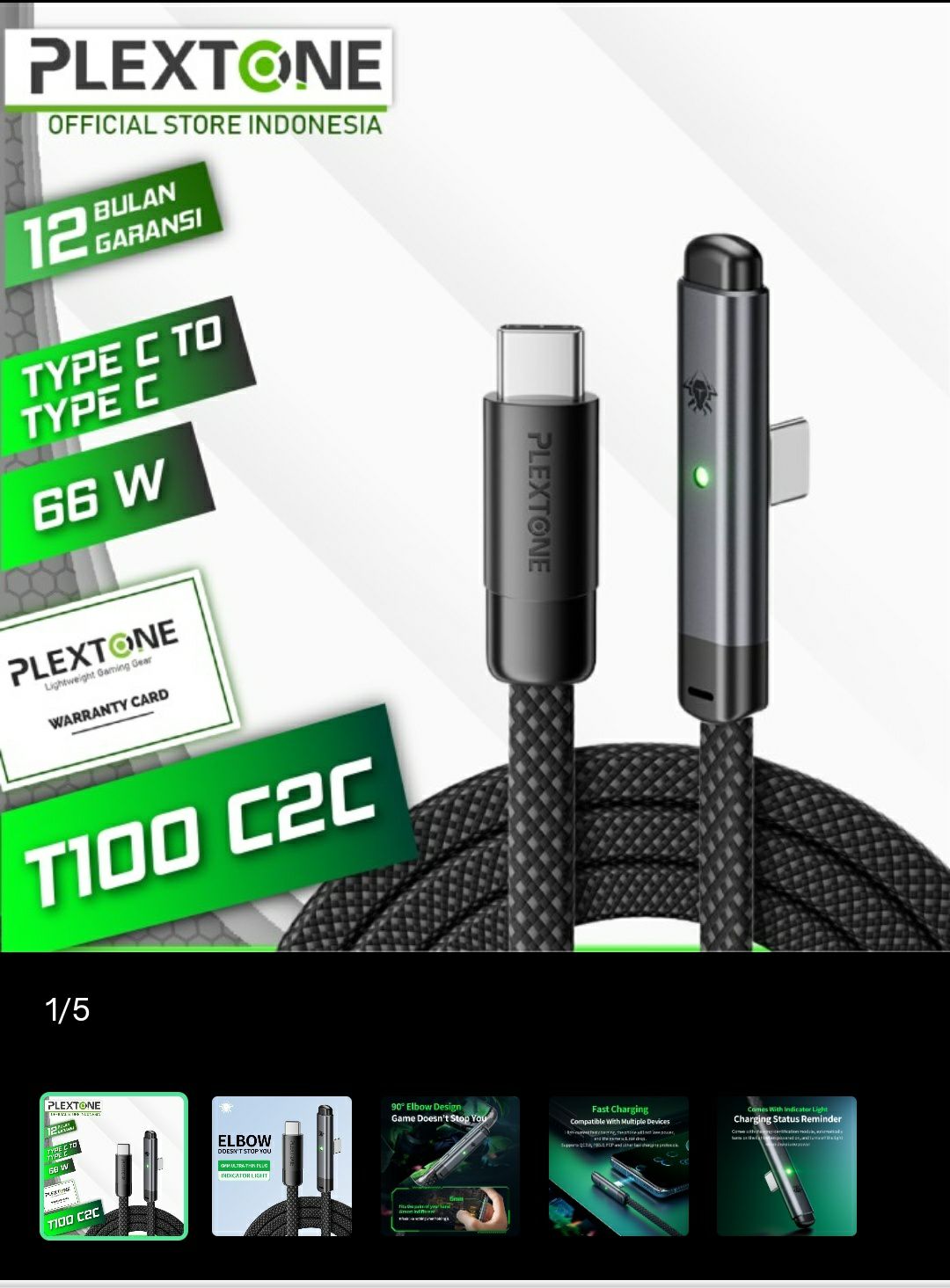 Plextone T100 C2C Type C To Type C Elbow Gaming Cable 66W Cable. 