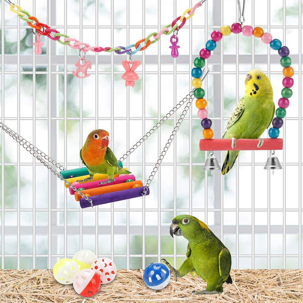 11Pcs Bird Cage Toys for Parrots Wood Birds Swing Reliable Chewable Bite Bridge Wooden Beads Shape Parrot Toy Bird Toys. 