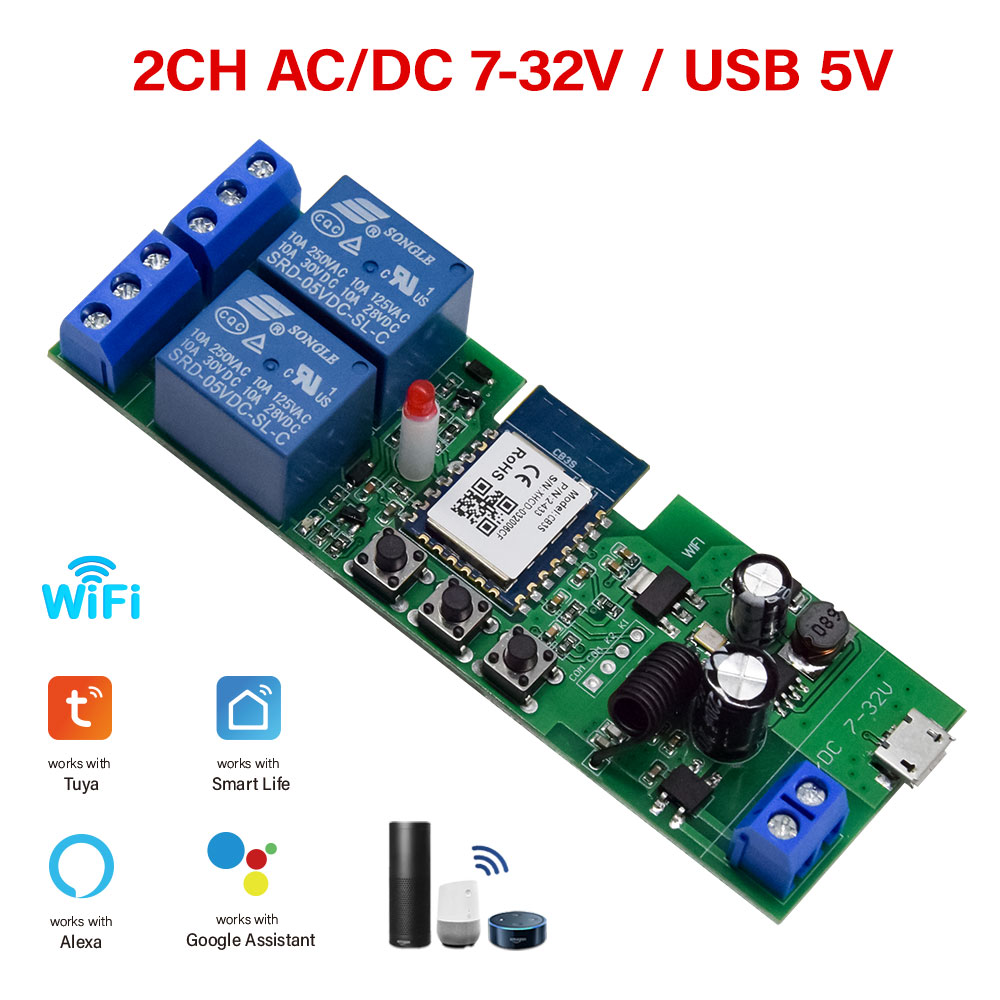 Tuya Smart Life WIFI 2CH Switch Module Garage Door Opener AC DC 7-32V 85-250V Inching Self-Locking Relay DIY Timer For Alexa. 