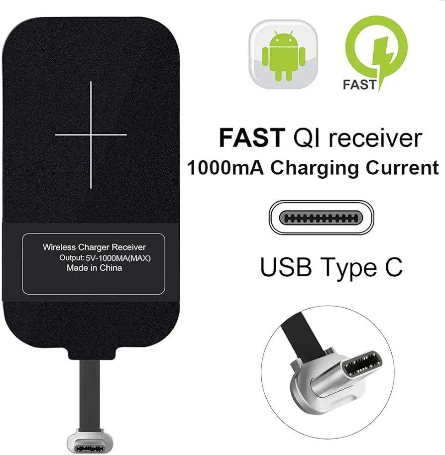 Type C Qi Wireless Charger Receiver Lightweight Charging Adapter Pad Coil-black