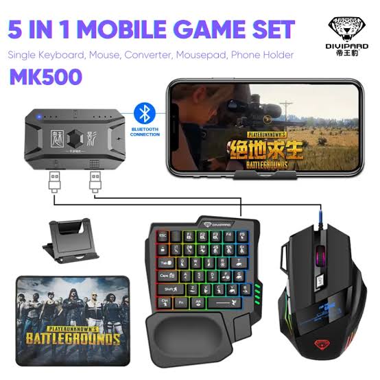 5 in 1 Mobile Game Set MK500 - Single Keyboard, Mouse, Converter, Mousepad, Phone Holder