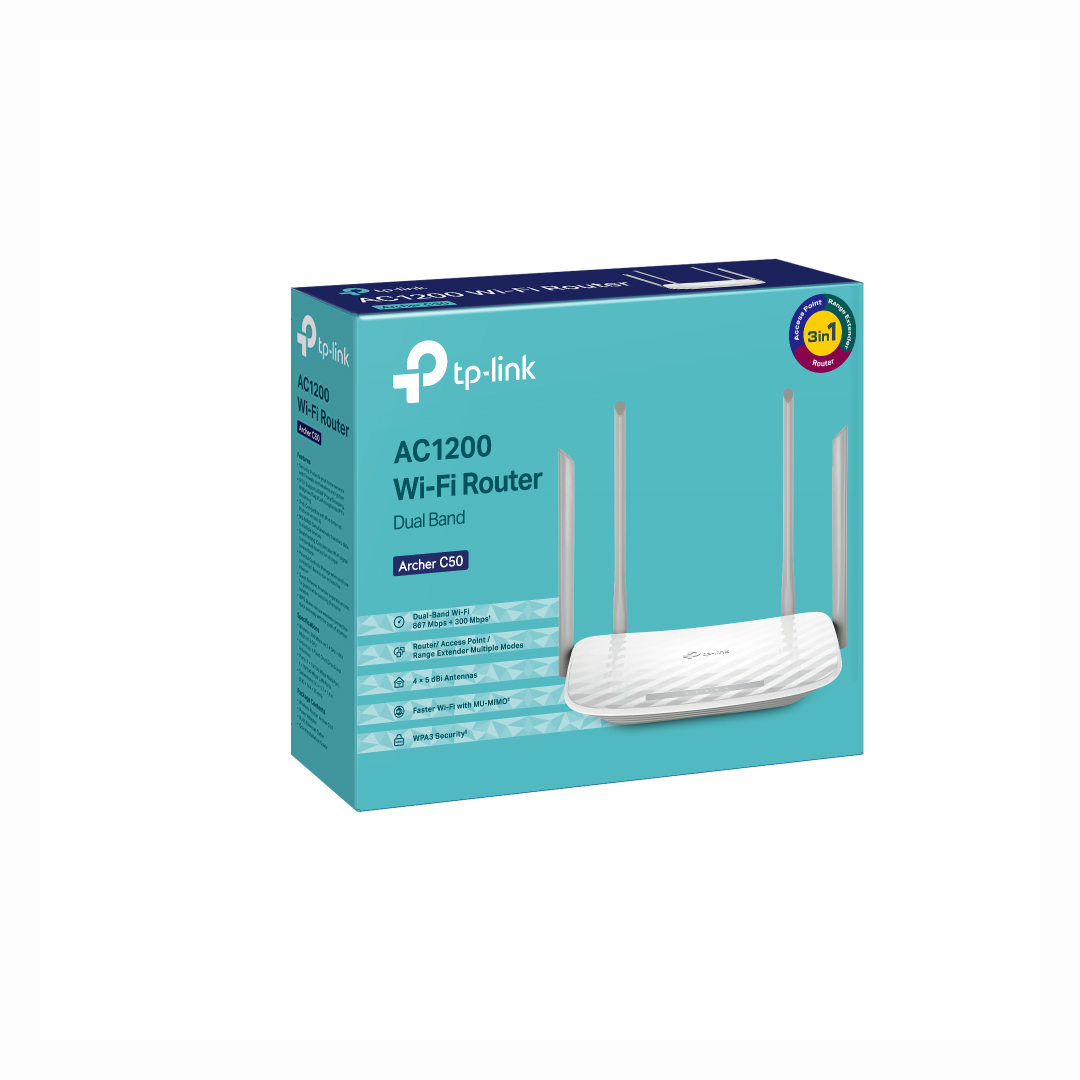 TP-Link Archer C50 AC1200 Wi-Fi Dual Band Router, 4 x 10/100 Mbps Fast Ethernet Ports, Supports MU-MIMO, Beamforming, Guest WiFi, Access Point Mode, IPv6 and Parental Controls. 