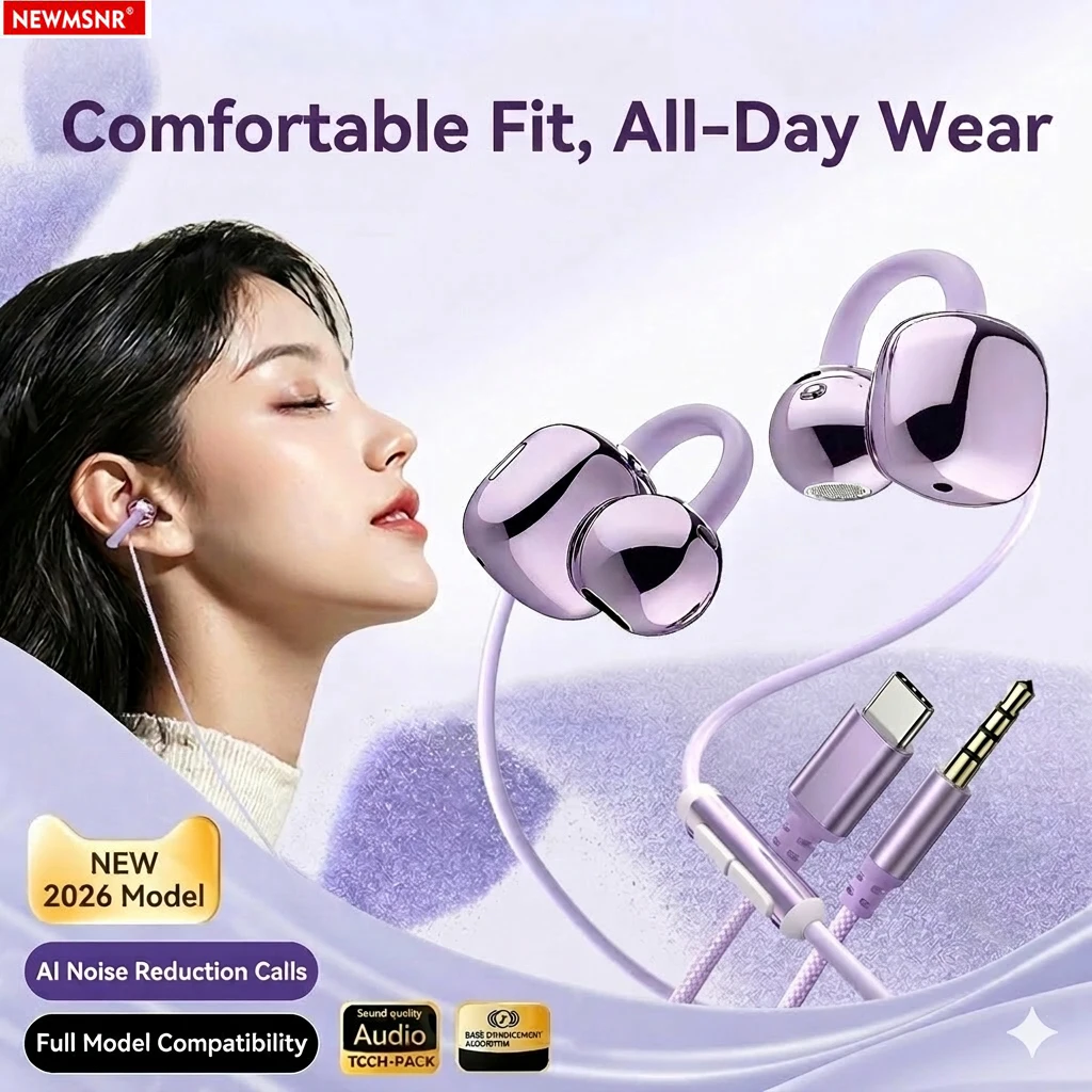 Clip-on Type C&3.5mm Wired Control Headphones HIFI Sound Sports Earbuds Handfree Gaming Headsets Earphones in HD Mic For