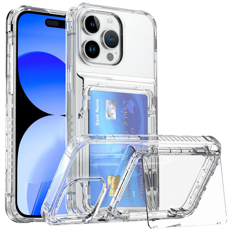 Transparent Card Holder Case for iPhone 15 14 13 12 11 Pro Max 15 Plus 15 Pro Max Shockproof Clear Case Cover with Phone Stand. 